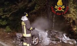 Muccia, Ferrari contro cinghiale: l'auto si incendia e finisce completamente distrutta