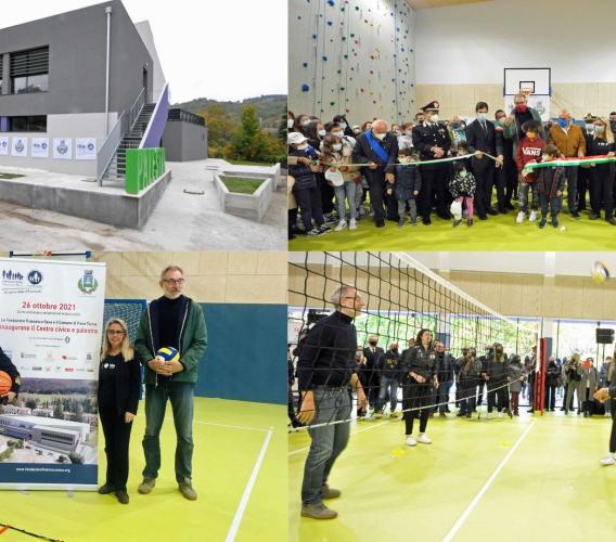 Pieve Torina in festa, inaugurato il palazzetto dello sport: il sindaco palleggia con il campione Zorzi (FOTO)